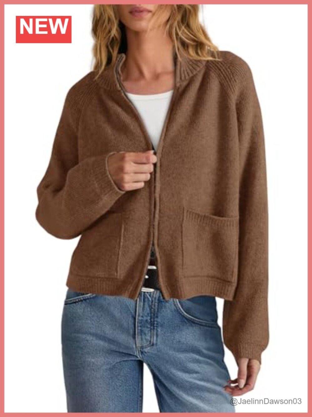 Womens Zip Up Chunky Knit Cardigan Sweater Jacket with Pockets